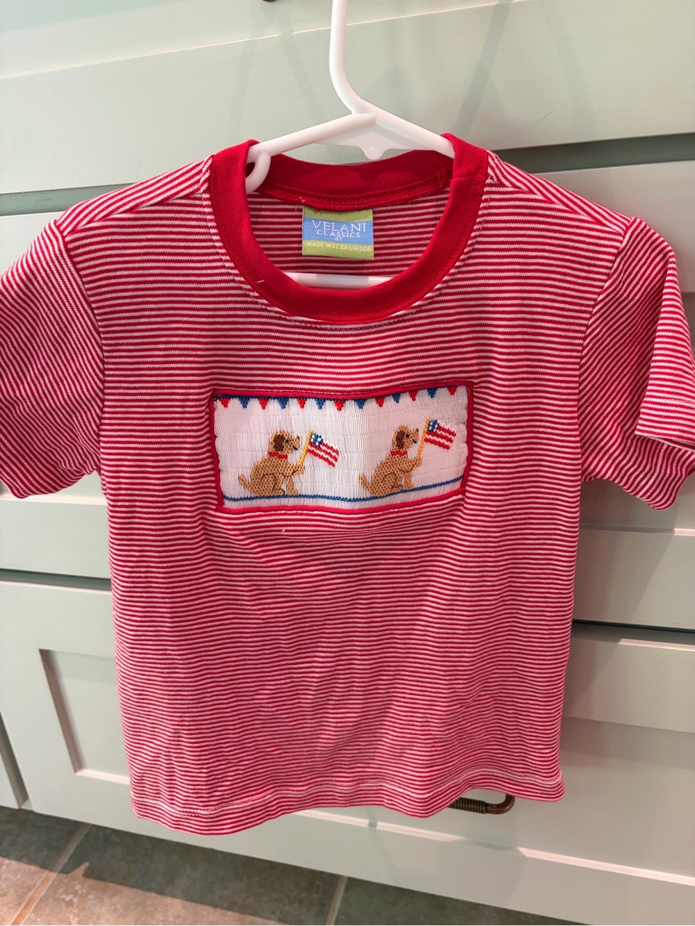 Velani Classics Red Striped Puppy Smocked Short Sleeve Tee